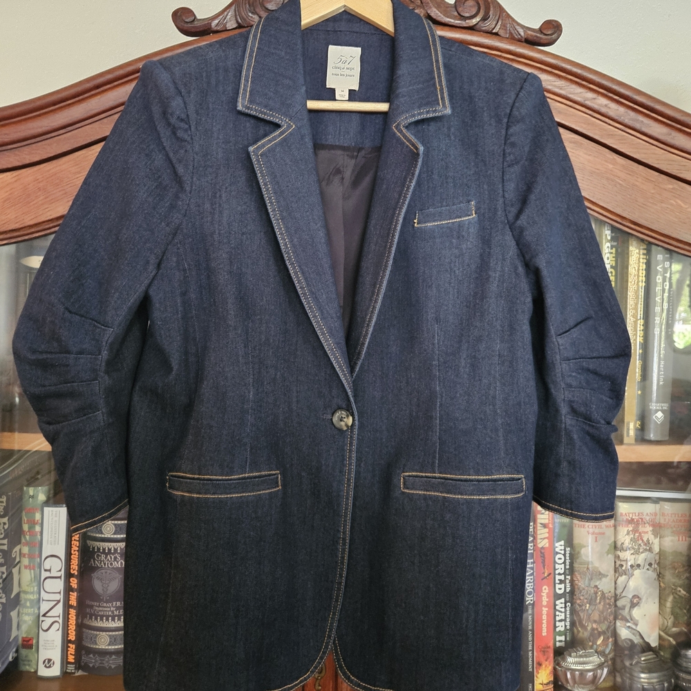 Cinq A Sept Khloe Dark Blue Denim Blazer with Contrast Stitching